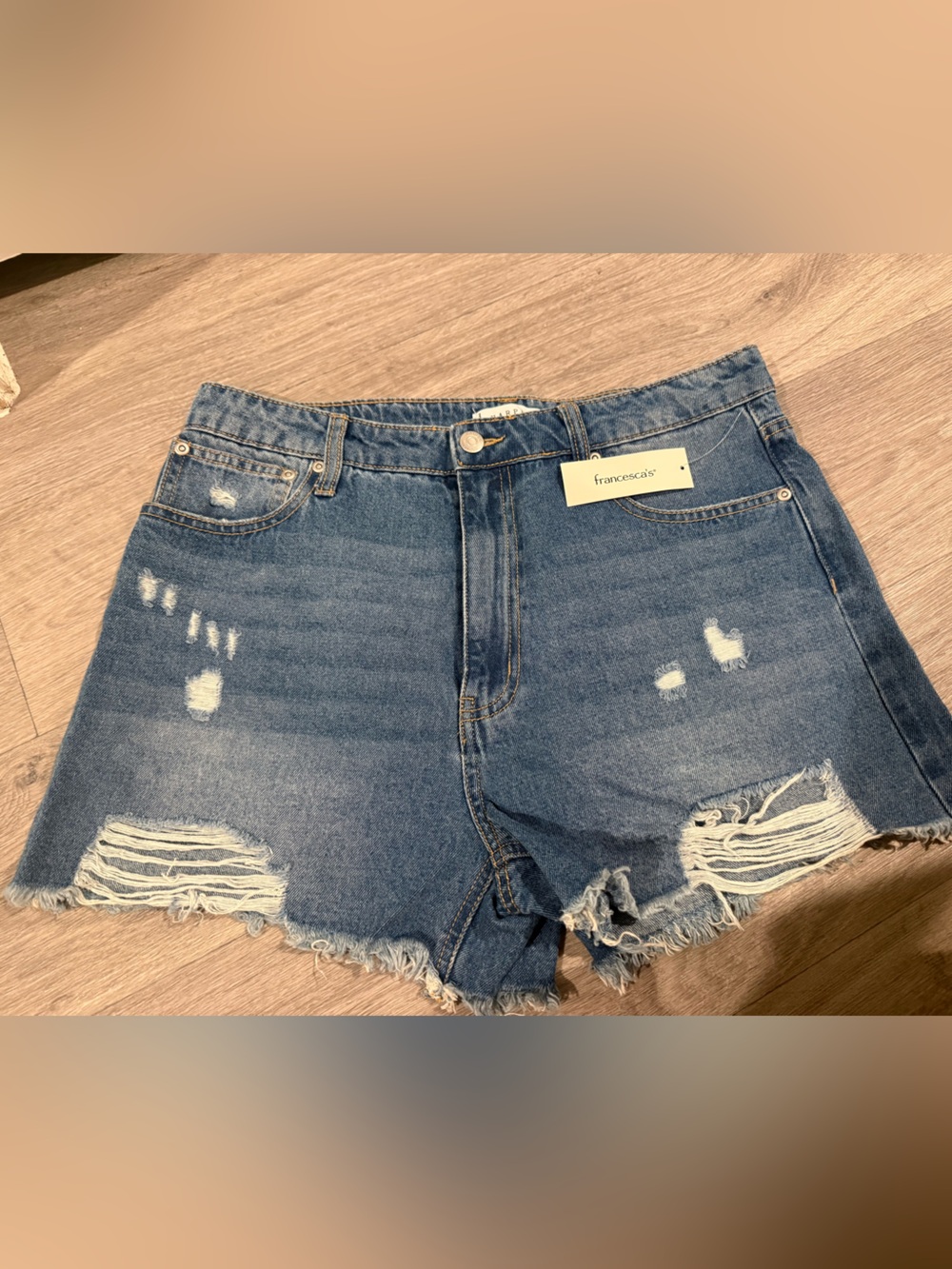 Francesca's Collections Distressed High-Rise Denim Shorts - Blue